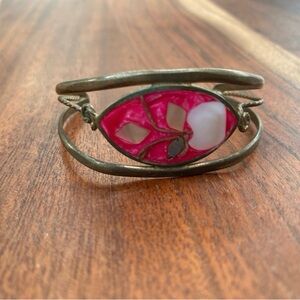 Vintage Alpaca Silver Pink Mother of Pearl Inlay Cuff Bracelet Floral design